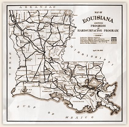 Map of road construction progress during Huey Long's administration